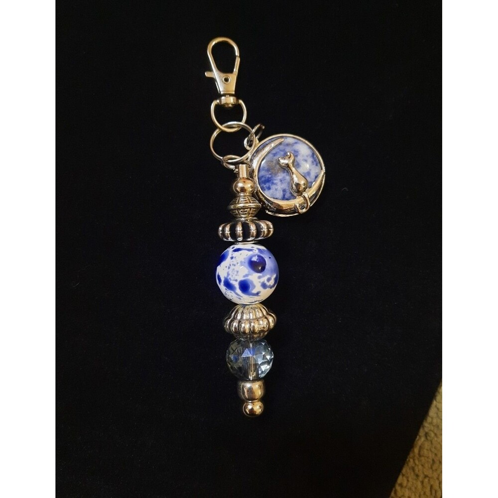 Handmade Semi Precious Stone Sodalite Cat Moon Keychain/ Purse Charm
